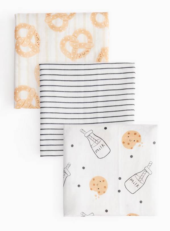 Milk And Cookies Printed Muslin Cloths 3 Pack One Size